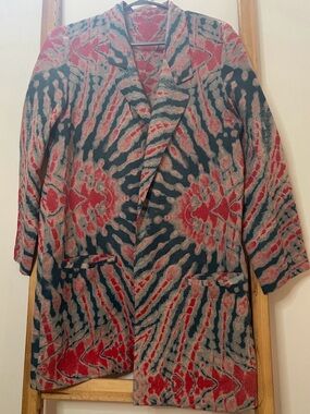 Raquel Allegra Red, Navy & Cream Patterned Long Jacket
